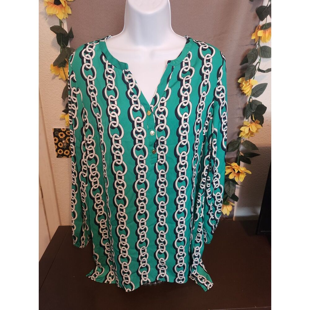 NWT IMAN Global Chic Green Chain Print Long Sleeve V-Neck Blouse Top Size Small